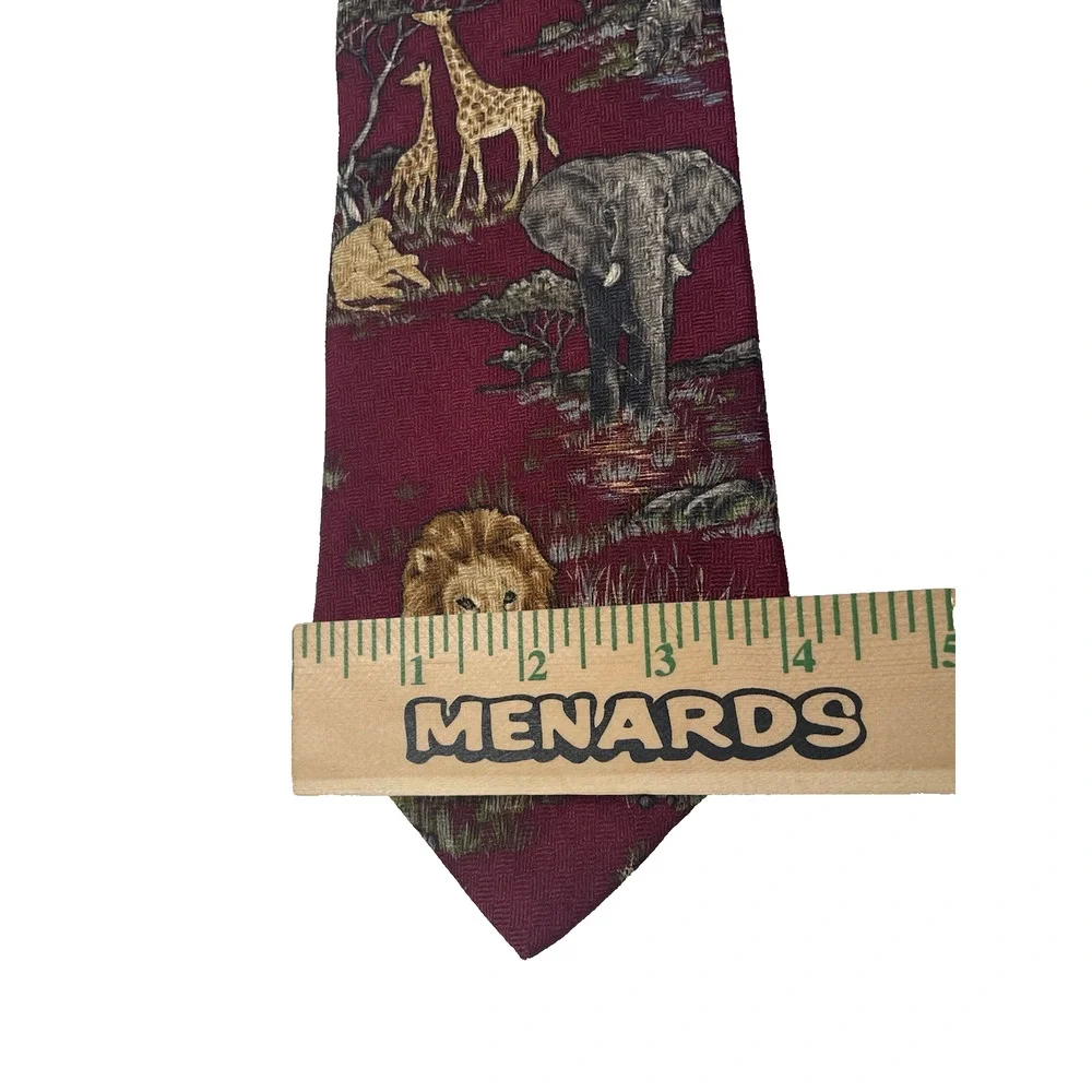WWF World Wildlife Fund Safari Animal Tie Lions Elephant Giraffe Burgundy Silk